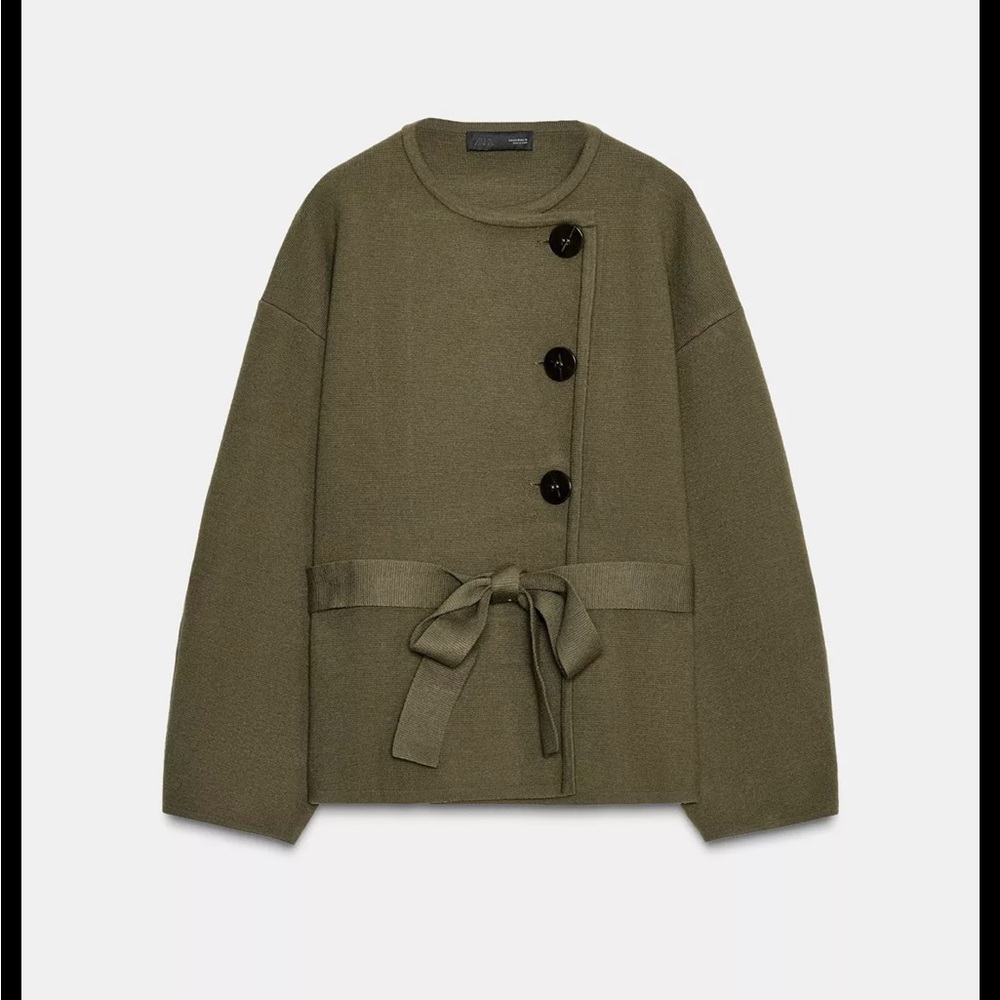 Zara Green Belted Puff Sleeve Cardigan Sweater NEW